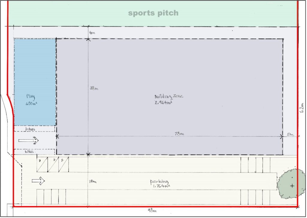 The Building Zone Plan shows the Building Zone in the centre of an area with road access and play area from the west. To the souty of the building area is an enlarged car parking area. The sports pitch is to the north of the building zone.