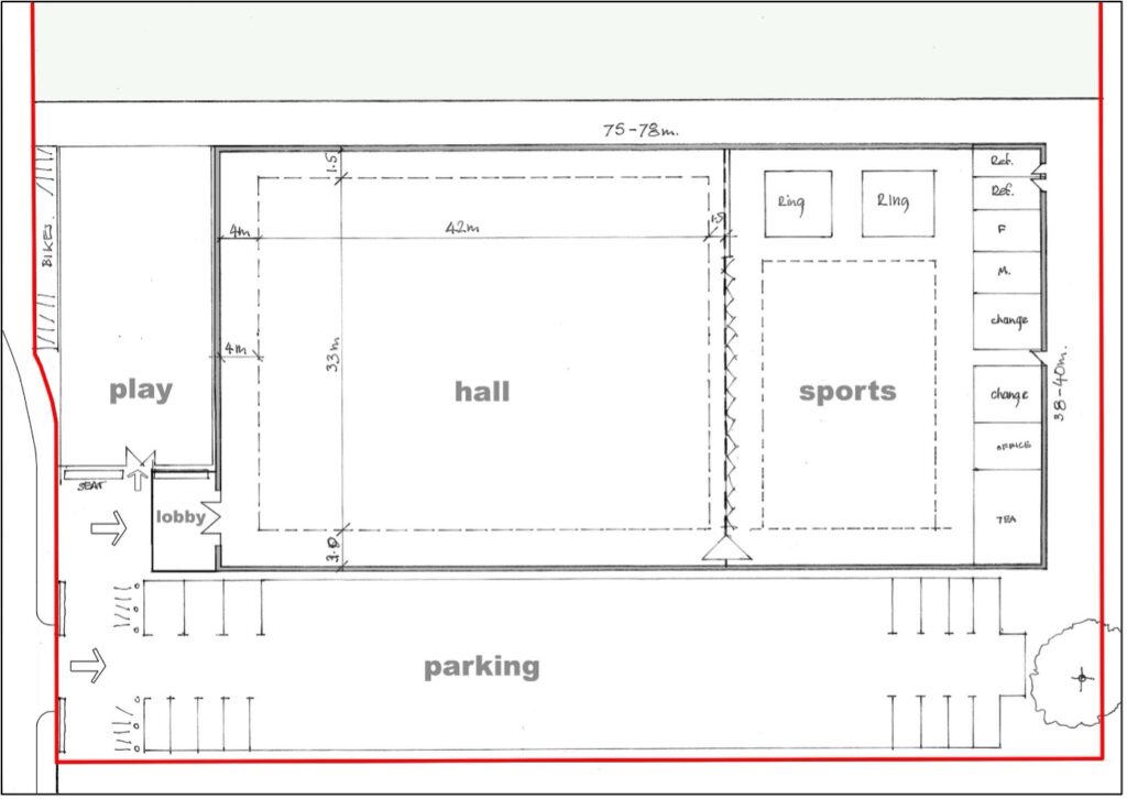 The Building Concept Layout shows the internal layout of the proposed building. There is a large hall 33m by 42m. There is a smaller sports hall with two boxing rings. There are changing rooms accessible from the exterior of the building.