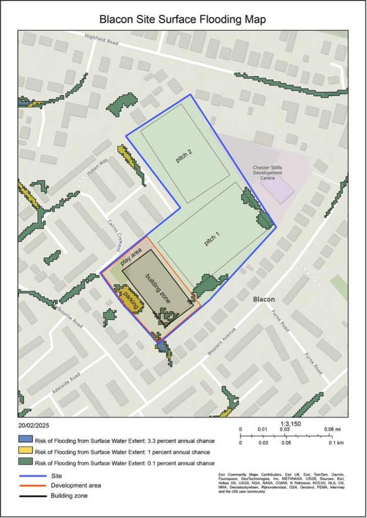 The surface wated flooding map shows some small areas of the site have a 0.1 percent annual chance of surface water flooding. The carpark contains a small area with a 1 percent annual chance of surface water flooding. Outside the site plan, there is a small area with a 3.3 percent annual chance of surface water flooding.