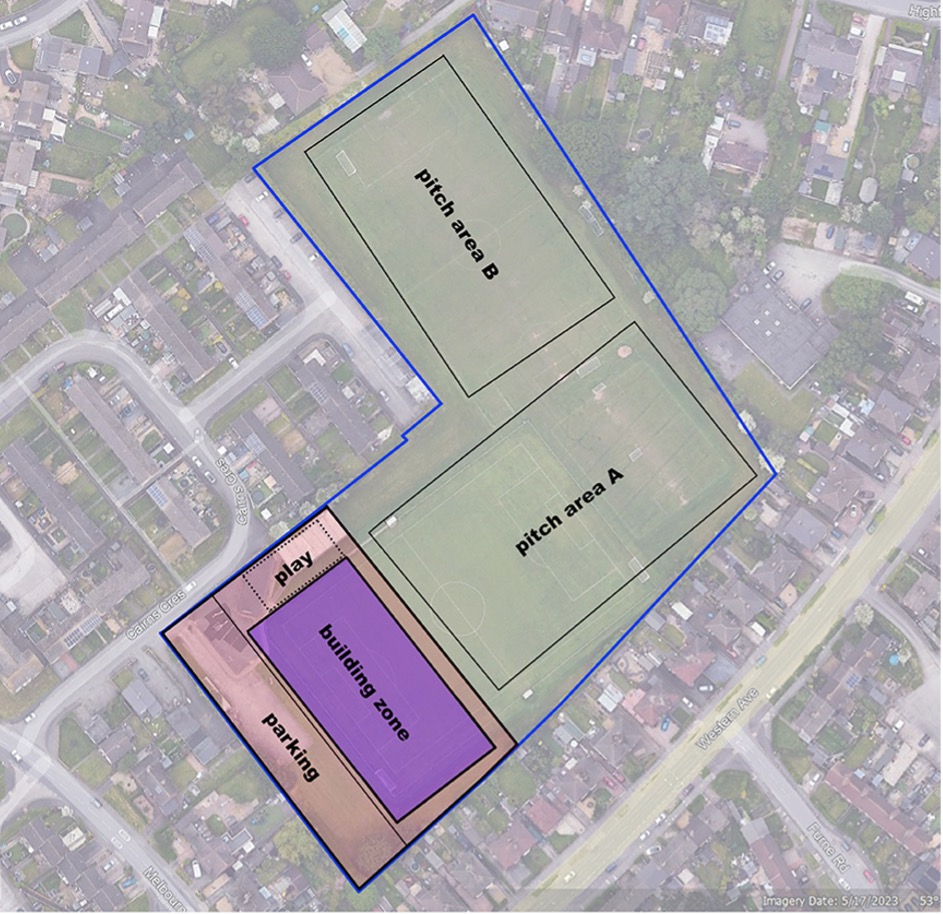 Image of the site layout. The building zone is to the south west, with parking and a play area alongside. Two pitch areas are to the north and east of the buiding zone.